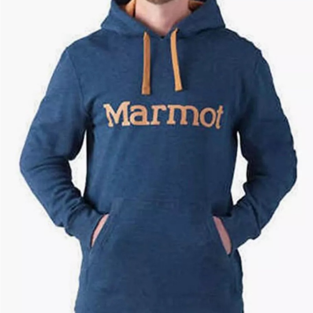 Marmot Men’s Blue Hoodie With Mustard Lining Kangaroo Pocket Size Medium.